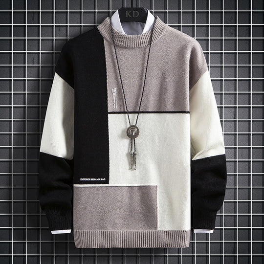 Herren nan blockfarbiger Oversize-Feinstrickpullover mit Stehkragen und gerippten Bündchen EB