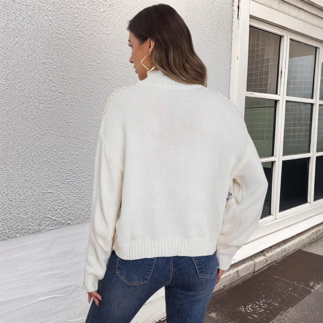 Damen modischer Strickpullover mit geometrischem Muster und hohem Kragen EB