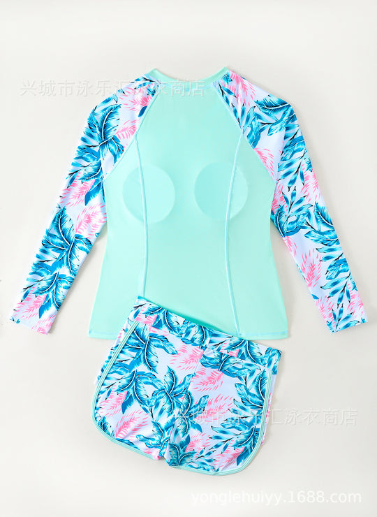Damen Sportlicher Langarm-Schwimmanzug mit floralem Design und Shorts EB