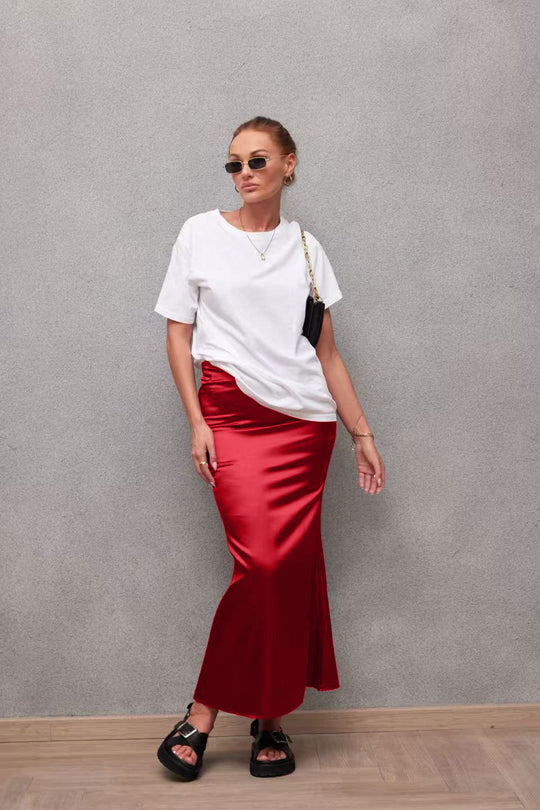 Damen Eleganter Maxirock aus glänzendem Satin mit hohem Schlitz EB