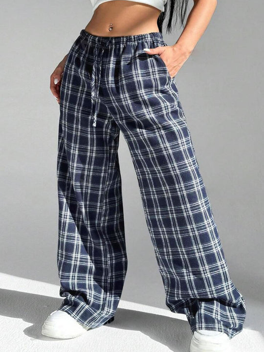 Damen Weite Karohose mit elastischem Bund und seitlichen Taschen EB