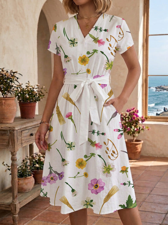 Damen Midikleid mit floralem Motiv und Taillengürtel EB
