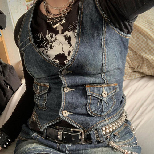 Damen Denim-Bustierjacke mit nostalgischem Spitzeneinsatz und dekorativen Knopfdetails EB