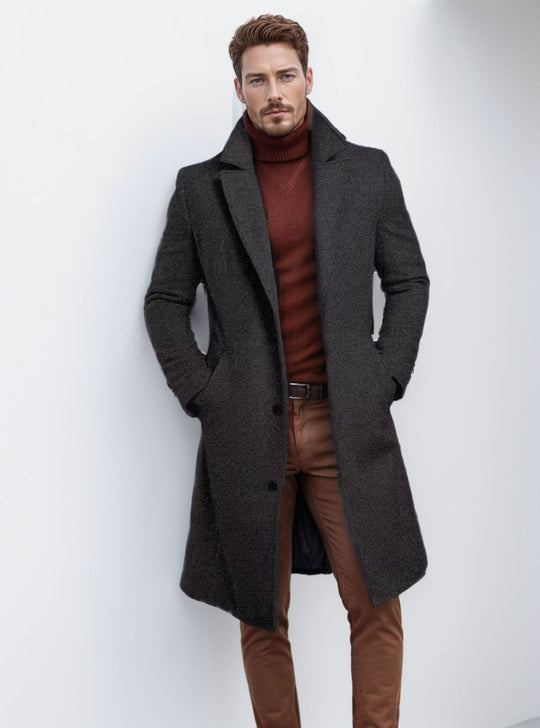 Herren nan langer Wollmixmantel mit Boucléstruktur, taillierter Silhouette und klassischem Revers EB