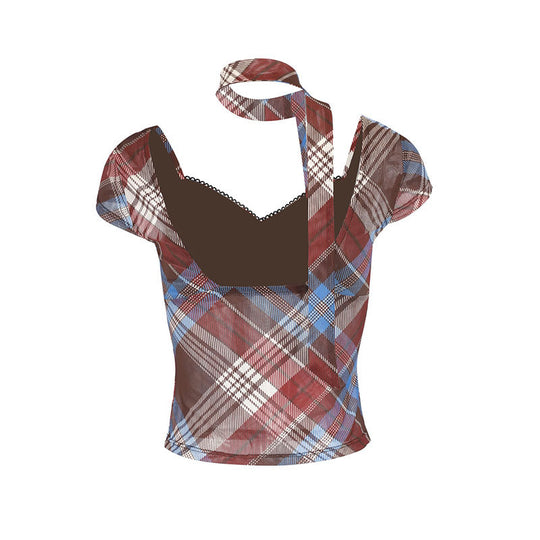 Damen Elegantes Karomuster-Bluse mit verstellbarem Bindegürtel und Spitzenakzenten EB