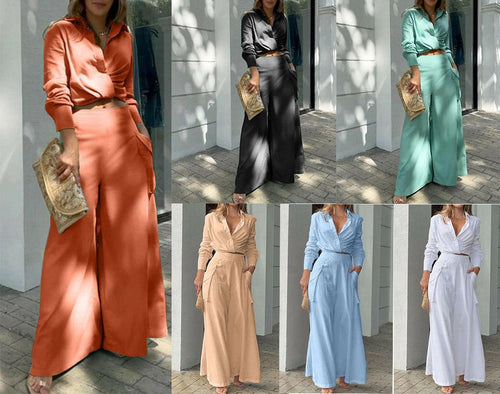 Damen Elegantes und lässiges Zweiteiler-Set mit Crop-Top und weitem Palazzo-Hosen EB