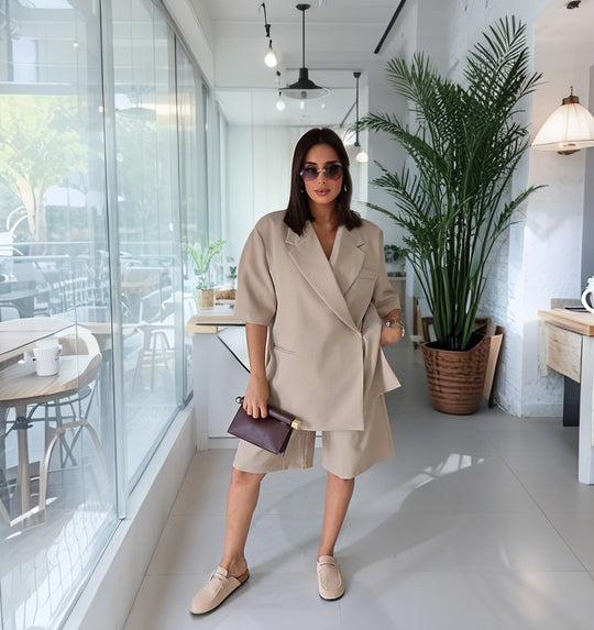 Damen lässiges hochwertiges Oversized Set mit Kurzärmeljacke und Shorts EB