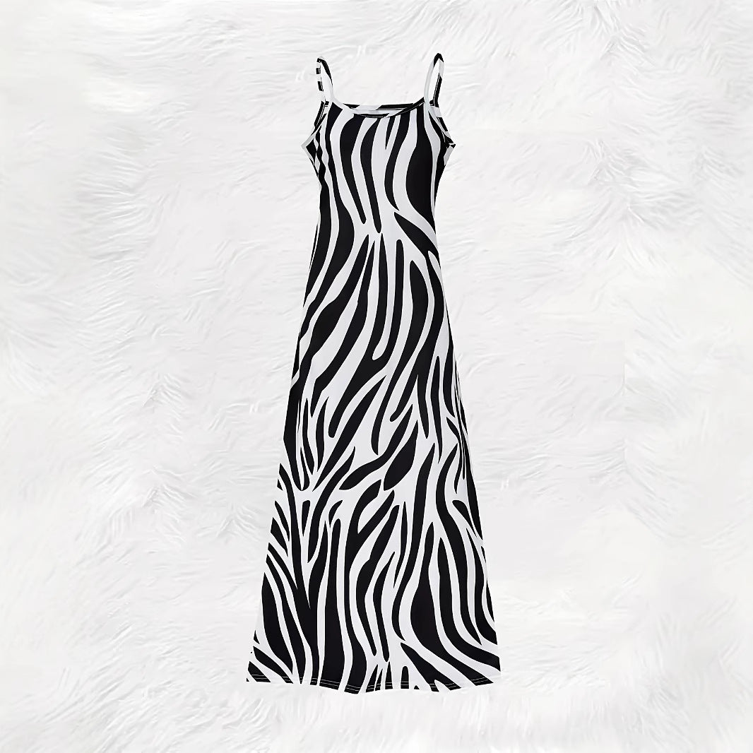 Damen Maxikleid im modernen Zebra-Design mit schmalen Trägern und fließender Silhouette EB