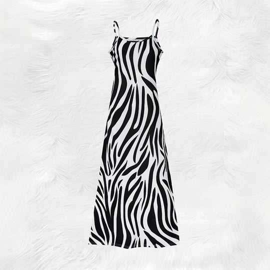 Damen Maxikleid im modernen Zebra-Design mit schmalen Trägern und fließender Silhouette EB