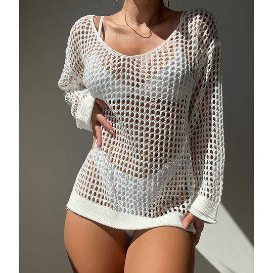 Damen luftiger Grobstrick Pullover mit weitem Schnitt und offenen Ärmeln EB