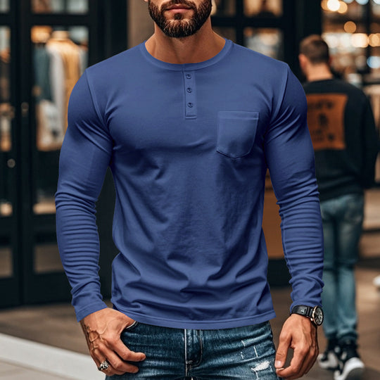 Herren langärmliges Henley-Shirt mit strukturierter Baumwolloberfläche und Brusttasche EB