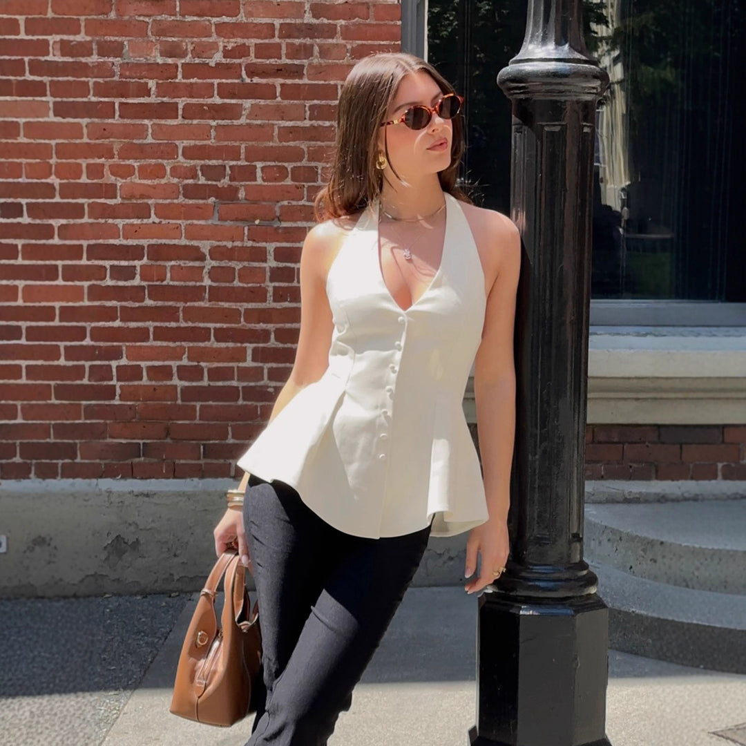 Damen Halterneck-Bluse mit taillierter Passform und Knopfleiste EB