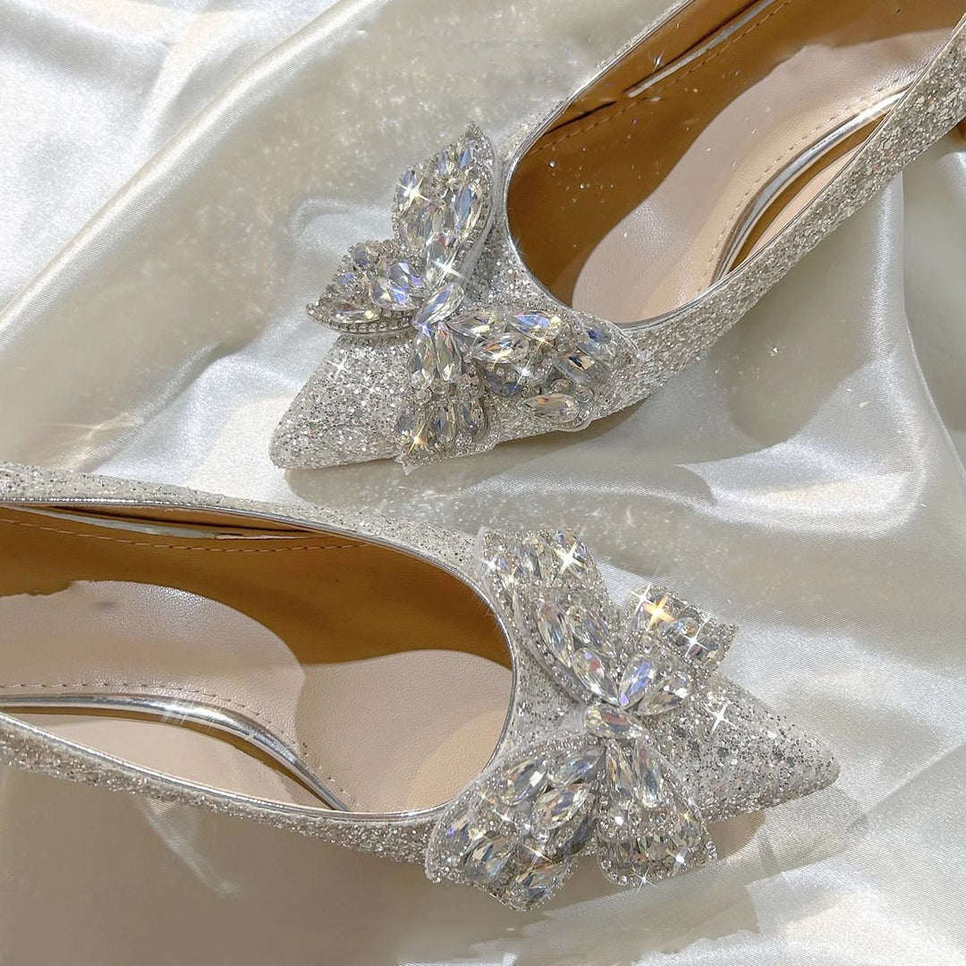 Damen spitze High Heels mit funkelndem Strass und großem Schleifenakzent EB