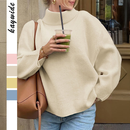 Damen nan oversize Rollkragenpullover mit breitem Rippkragen, voluminösen Ballonärmeln und verlängertem Bündchen EB