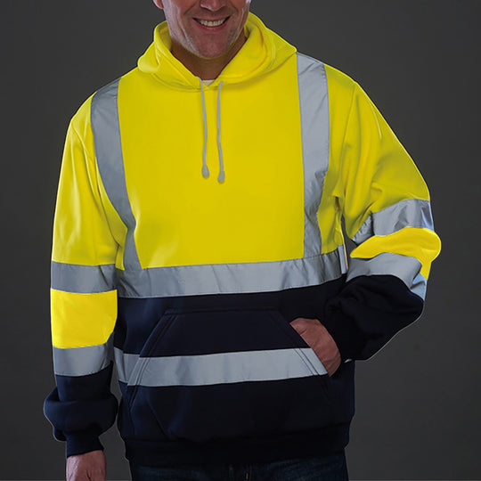 Herren nan reflektierende Sicherheits-Hoodie mit kontrastreichen Reflektorbändern, Kängurutasche und verstellbarer Kapuze EB