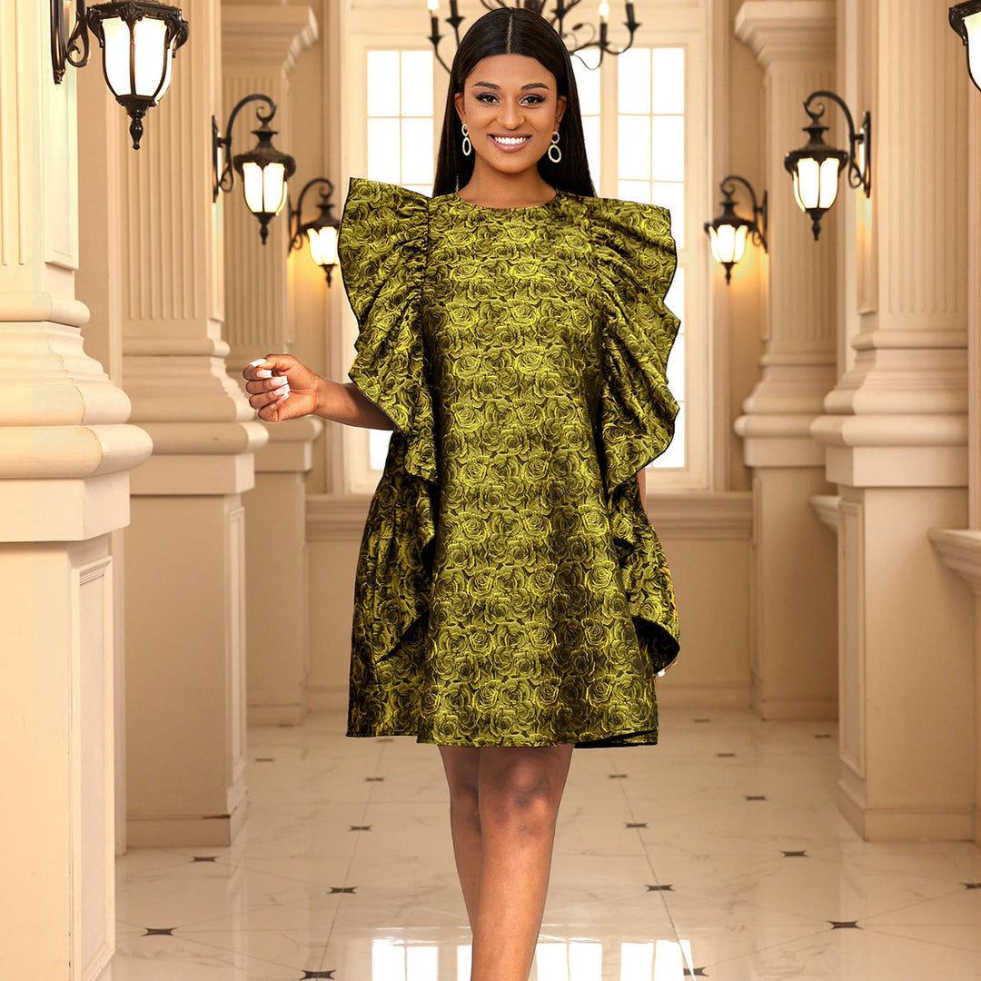 Damen Kleid mit voluminösen Rüschen und floralem Muster EB