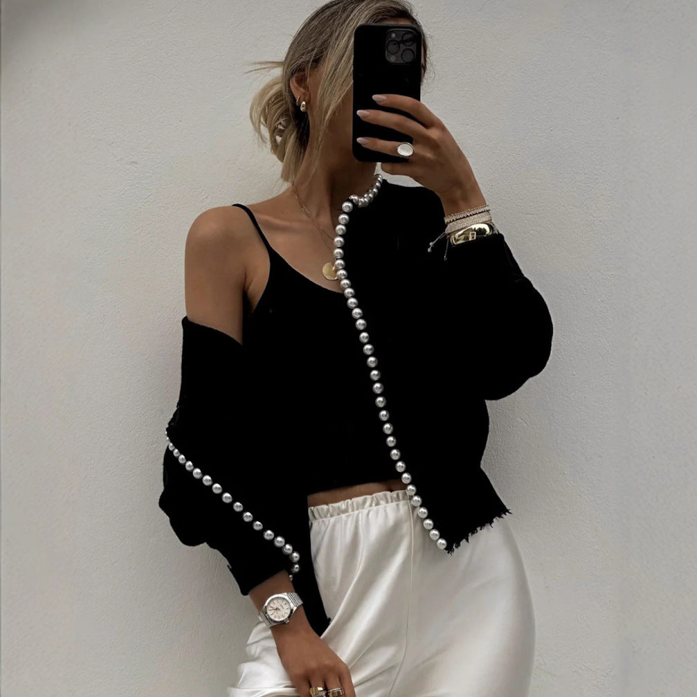 Damen Strickjacke mit auffälligem Perlenbesatz und offenem Design EB