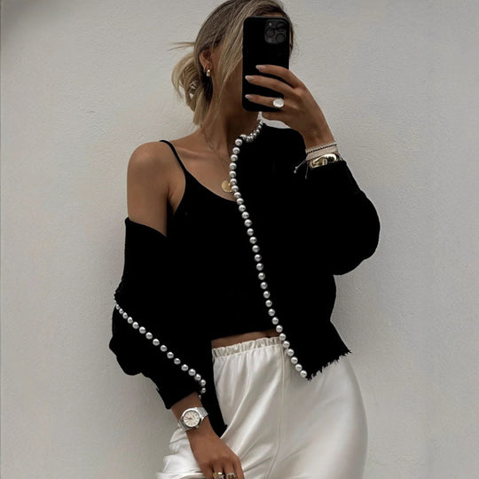 Damen Strickjacke mit auffälligem Perlenbesatz und offenem Design EB