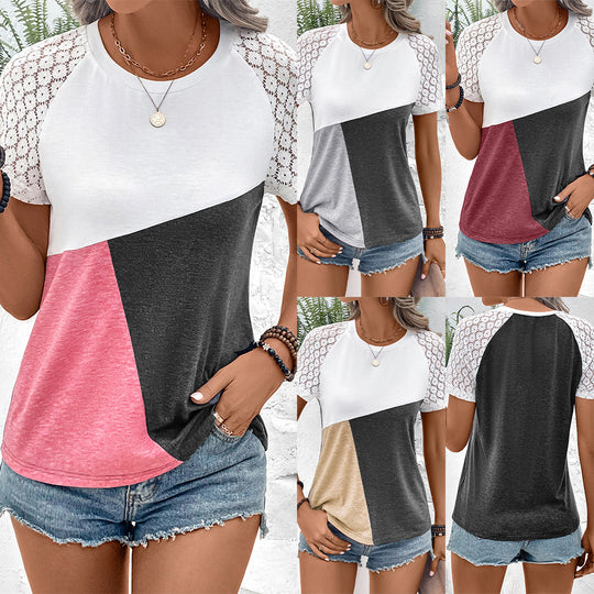 Damen modisches T-Shirt mit Spitzenärmeln und Farbblockdesign EB