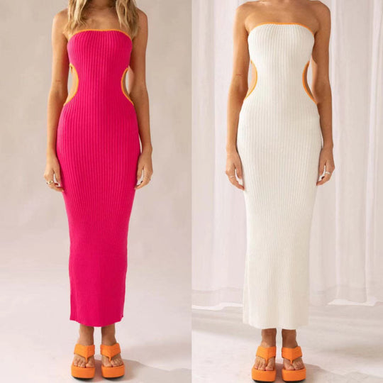 Damen elegantes Maxi-Kleid mit schulterfreiem Design und modischen Cut-Outs EB