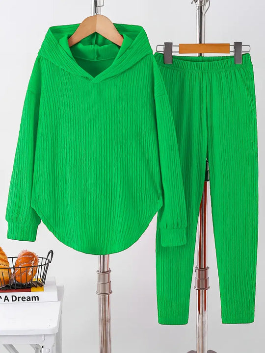 Damen lässiger Sweat-Pulli und -Hose Set mit strukturiertem Design EB
