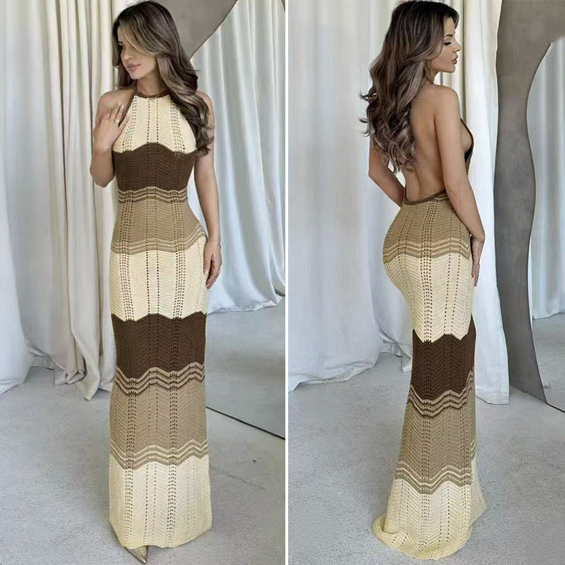 Damen Häkel-Maxikleid mit exklusivem Muster und elegantem Kragen EB