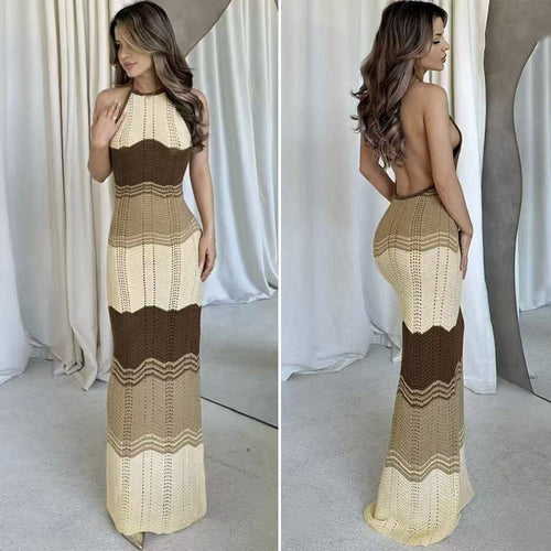 Damen Häkel-Maxikleid mit exklusivem Muster und elegantem Kragen EB