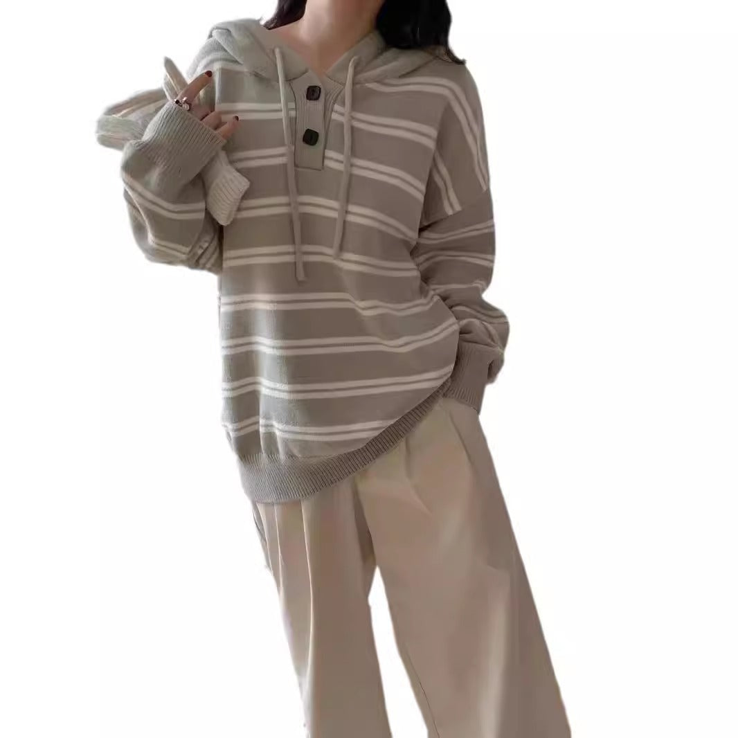 Damen lässiger Streifenpullover mit Knopfleiste und Kapuze EB