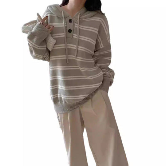 Damen lässiger Streifenpullover mit Knopfleiste und Kapuze EB