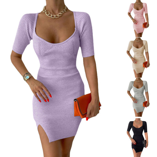 Damen Figurschmeichelndes Strickkleid mit kurzen Ärmeln und seitlichen Schlitzen EB