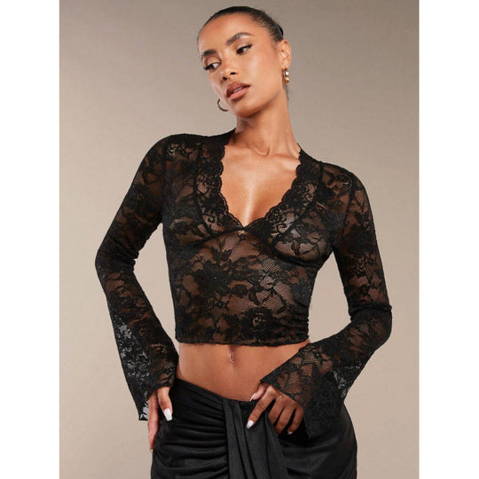 Damen Spitze Bluse mit eleganten Trompetenärmeln und V-Ausschnitt EB