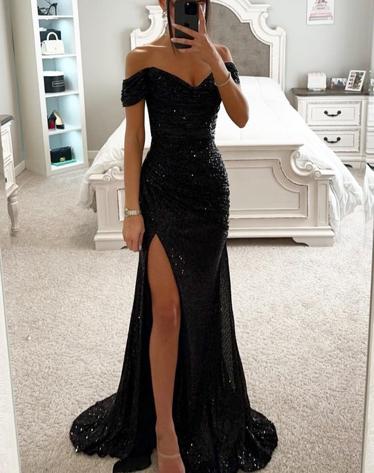 Damen Glamouröses Abendkleid mit schulterfreiem Schnitt und schimmerndem Stoff EB