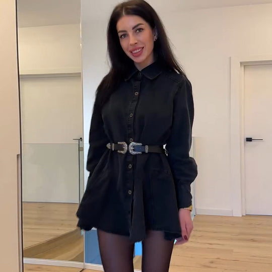 Damen Denim Knopfkleid mit tailliertem Schnitt und Gürtel EB