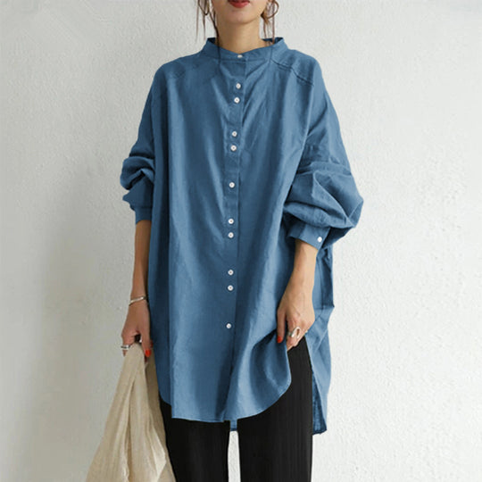 Damen nan lässige Oversize-Tunika-Hemdbluse mit Stehkragen, durchgehender Knopfleiste und seitlichen Schlitzen EB