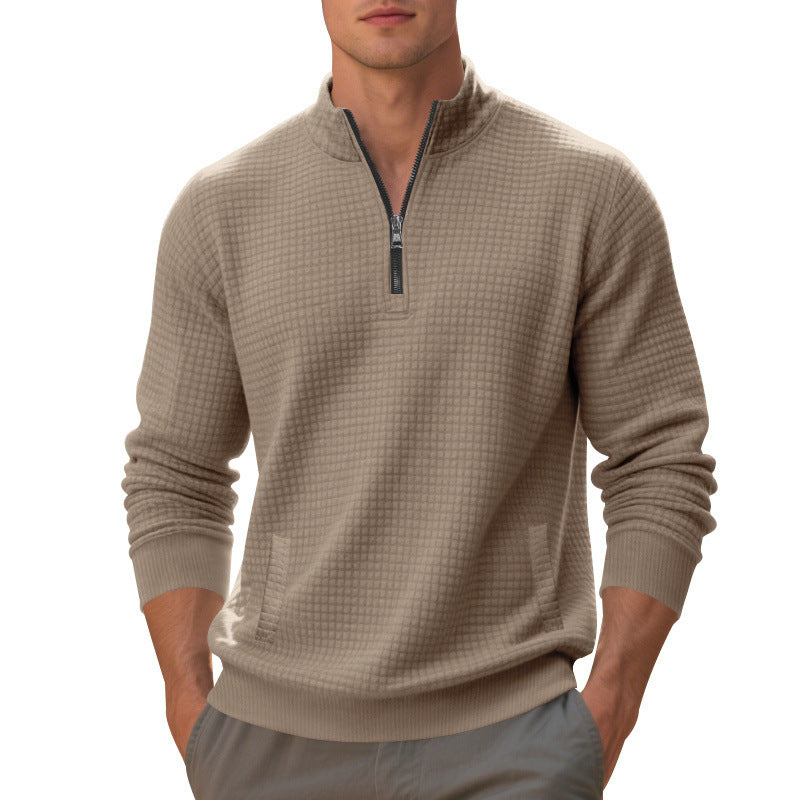 Herren Waffelstrick-Halbzip-Pullover mit Stehkragen, Kängurutasche & gerippten Abschlüssen EB