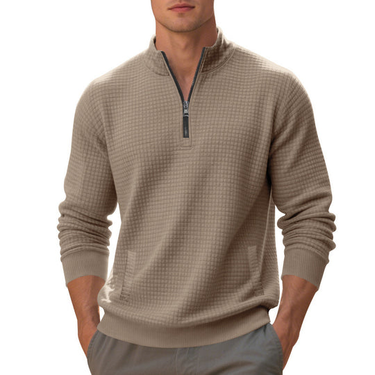 Herren Waffelstrick-Halbzip-Pullover mit Stehkragen, Kängurutasche & gerippten Abschlüssen EB