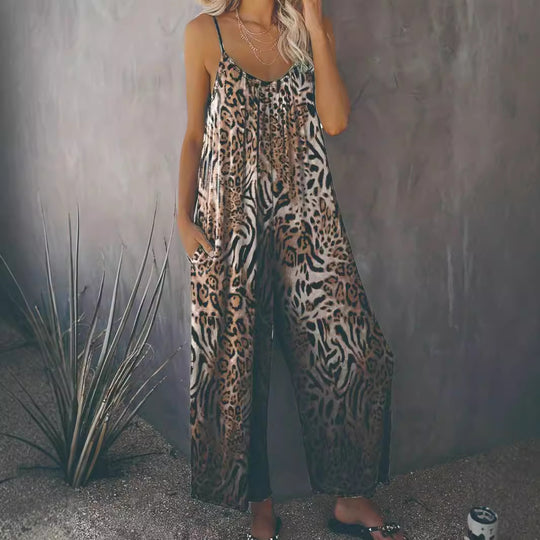 Damen Lockere Jumpsuit mit Animal-Print und praktischen Taschen EB