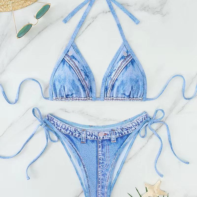 Damen Triangel-Bikini mit Jeans-Optik und geflochtenen Bindebändern EB