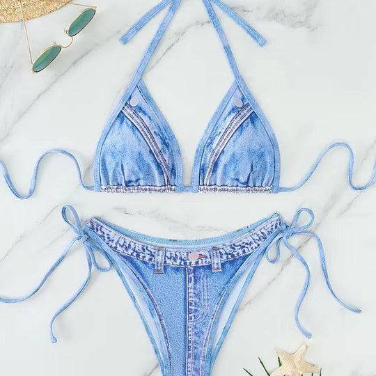 Damen Triangel-Bikini mit Jeans-Optik und geflochtenen Bindebändern EB