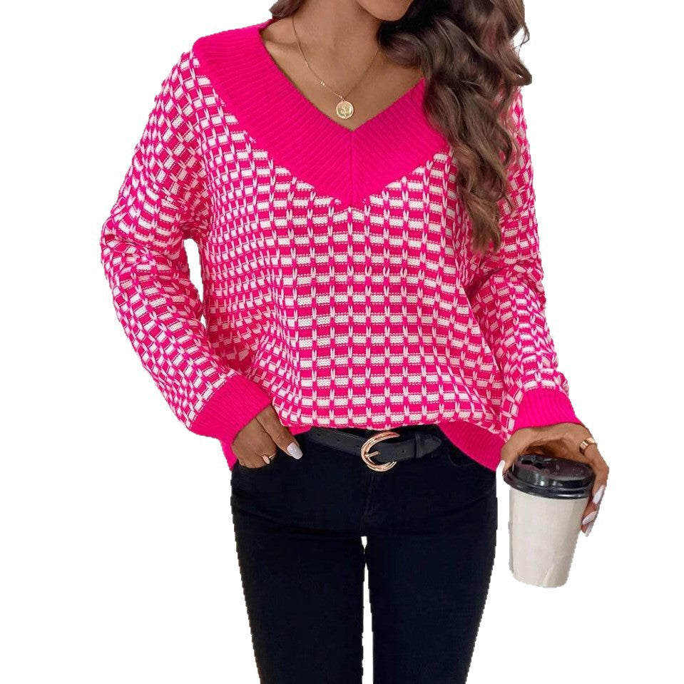 Damen Strickpullover mit V-Ausschnitt und modernem Karomuster EB