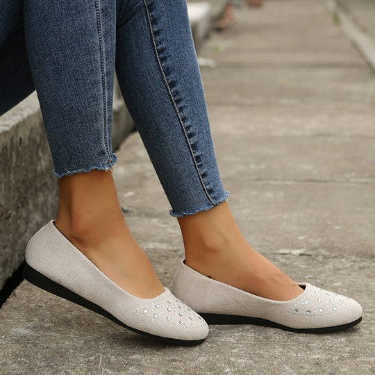 Damen  flache Ballerina-Slipper aus Veloursimitat mit Strassapplikation und gepolsterter Komfortinnensohle EB