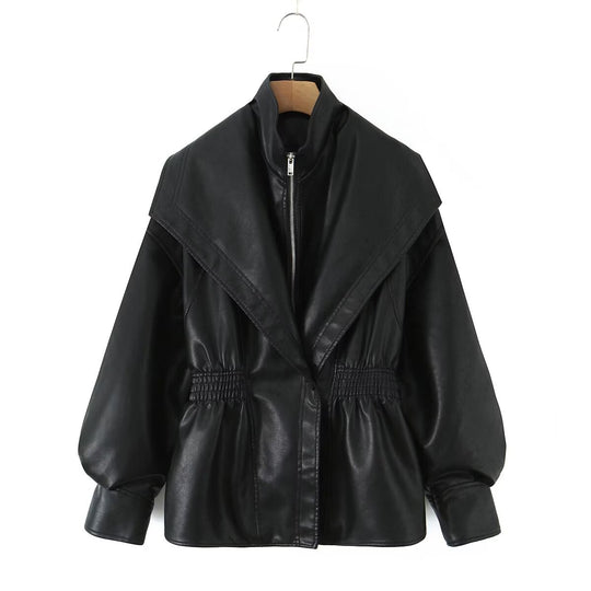 Damen Kunstlederjacke mit asymmetrischem Kragen und tailliertem Schnitt EB