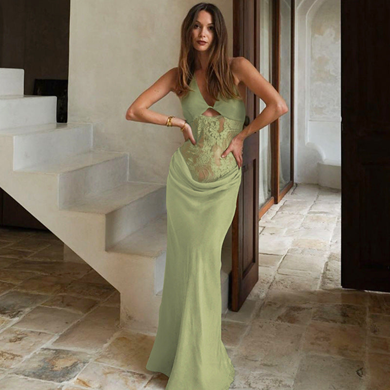 Damen Elegantes Maxikleid mit Halterneck, Spitzenverzierung und figurbetontem Schnitt EB
