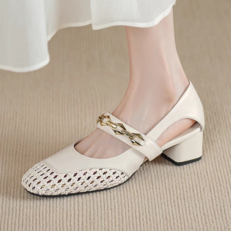 Damen elegante Ballerinas mit modischem Riemchen und stilvollem Absatz EB