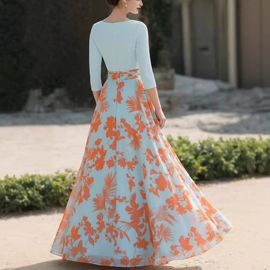 Damen Florales Maxikleid mit Wickeloberteil, dreiviertel-Ärmeln und ausgestelltem Rock EB