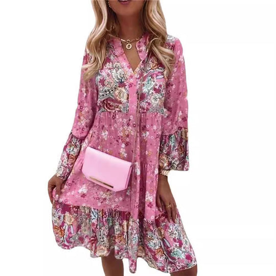 Damen nan florales Boho-Kleid mit V-Ausschnitt und Stufenrock EB