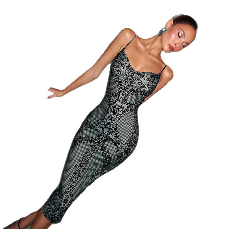 Damen Figurbetontes Kleid mit elegantem Muster und feinen Trägern EB