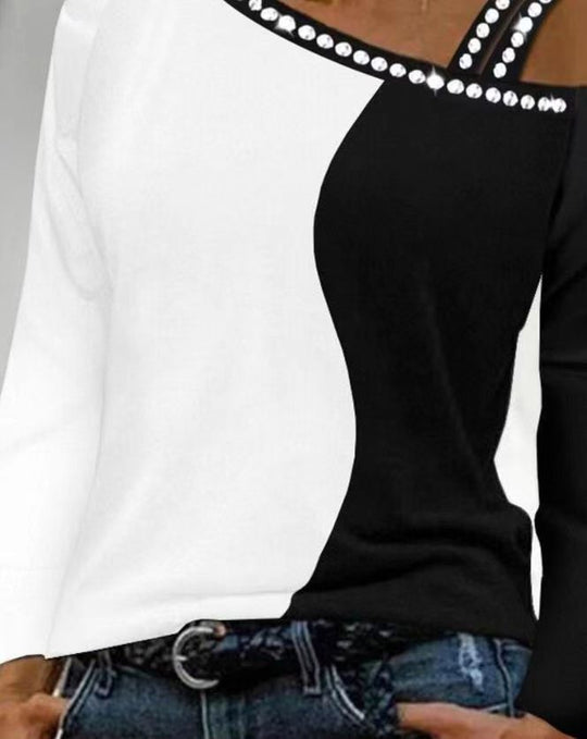 Damen Trendy Asymmetrisches Oberteil mit Strassbesatz EB