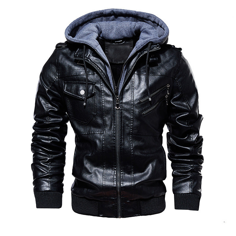 Herren lässige Kunstlederjacke mit abnehmbarer Kapuze und zahlreichen Taschen EB