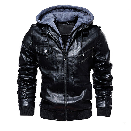 Herren lässige Kunstlederjacke mit abnehmbarer Kapuze und zahlreichen Taschen EB